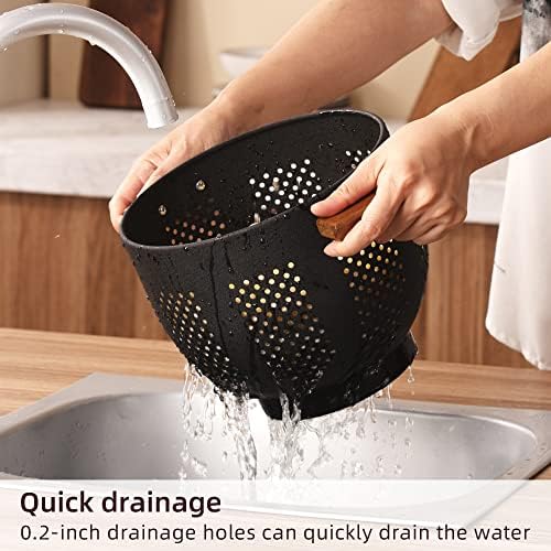 Metal Colander with Wood Handle and Stable Base, Powder Coated Steel Kitchen Strainer Basket for Draining Pasta, Vegetable and fruit(5.5quart,Matte Black)
