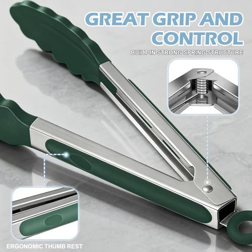 TACGEA Stainless Steel Kitchen Tongs with Silicone Tips, Locking Grilling Food Tongs, 9" and 12", Set of 2 Dark Green