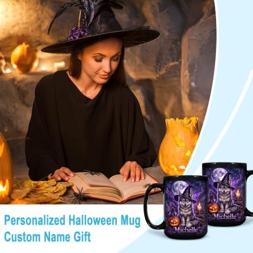 Hyturtle Personalized Halloween Wolf Mug, Custom Name Gift for Women