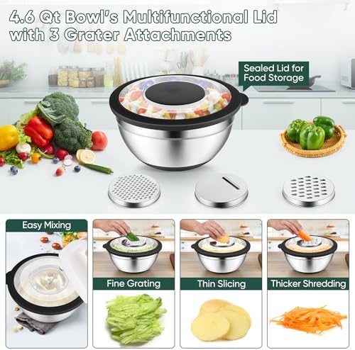 P&P CHEF Mixing Bowls with Lids, Metal Mixing Bowl with Colander, Black