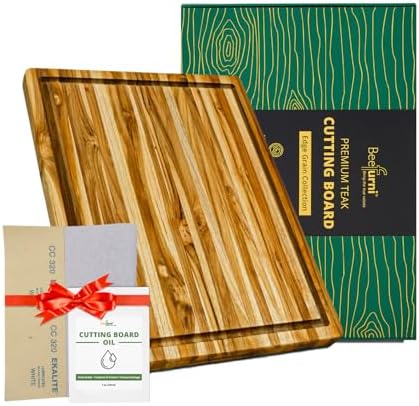 BEEFURNI Teak Wood Cutting Board with Juice Groove (20x15x1.25", M)