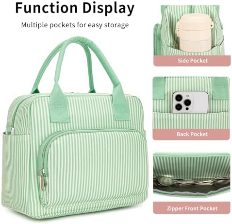 Lunch Bag Women Lunch Box for Women Adult Cute Insulated Lunch Bag Lager Cooler Lunch Tote Bags for Work Picnic (Green Stripes)