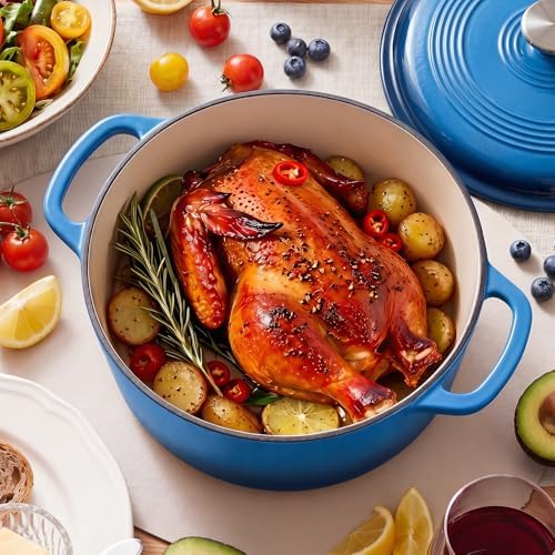 NEWBULIG Cast Iron Dutch Oven, 6 Quart Enamel Dutch Oven Pot with Lid, Heavy Duty Cookware for Sourdough Bread, Braising, Stews, Roasting, Safe up to 500°F, Blue