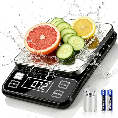 Waterproof Food Scale, 22lb Digital Kitchen Scale with Batteries, 304 Stainless Steel Precision Gram Scale for Baking, Cooking, Meal Prep, Tare Function
