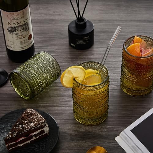 HomeVogue Vintage Hobnail Drinking Glasses Set of 12, 15 oz Highball Glasses & 12 oz Cocktail Glasses Set, Green Kitchen Water Glasses Cup, Bar Tumbler Glassware Set for Beer, Juice, Whiskey, Milk