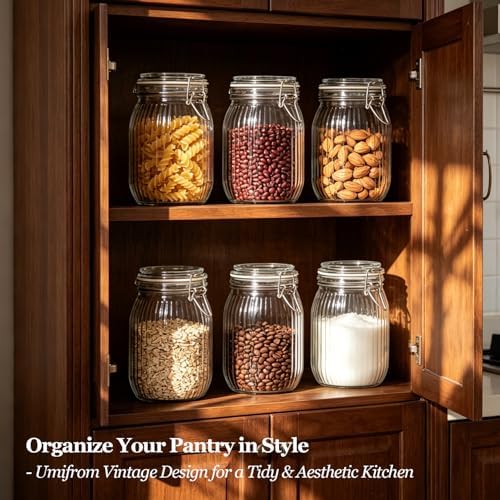 ComSaf Ribbed Glass Pantry Jars with Airtight Lids 34 oz 3 Pack Coffee