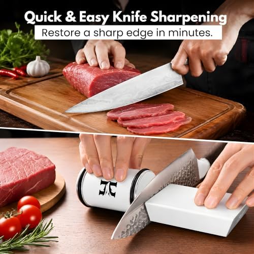 High Carbon Stainless Steel Rolling Knife Sharpener with 400, 1000 & 3000 Replacement Discs - Blunt Knife Sharpening Kit with 15 and 20 Degree Sharpening for Kitchen & Chef's Knives (White)