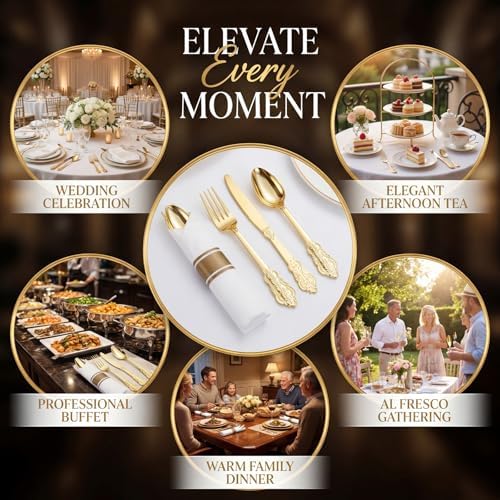 Liacere 400PCS Gold Plastic Silverware-Pre Rolled Napkins Disposable Gold Plastic Cutlery-Premium Quality Utensils-Includes 100Forks,100Knives,100Spoons,100 Napkins & Thanksgiving & Fall Party