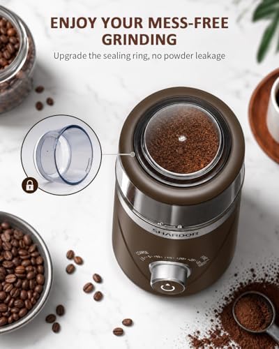 SHARDOR Electric Super Silent Blade Coffee Grinder, Timed Grind Control Rotary Knob, Adjustable Coarse to Fine for Coffee Beans, Spices & Herbs, with 2 Removable Stainless Steel Bowl, Brown