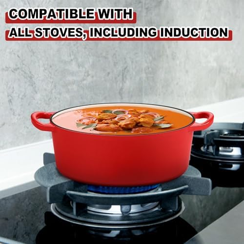 E-far 5QT Oval Dutch Oven Pot with Lid, Red Enameled Cast Iron Dutch Oven