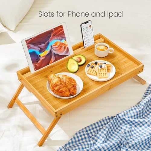 Pipishell Large Bed Tray Table with Folding Legs & Slot, Bamboo, Natural