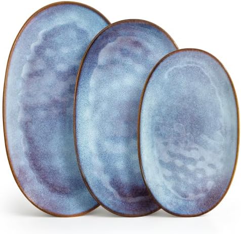 vancasso Ceramic Serving Platters Set of 3, Oval 16/14.7/13.5 Inch Stoneware Serving Dishes for Entertaining, Microwave Safe Serving Trays for Food, Turkey, Cheese, Party, Reactive Glaze Blue