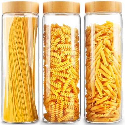 Glass Canisters With Airtight Bamboo Lids - 3 Pack 80oz Cereal Containers, Cookie Jars, Pasta Storage - Screw On Kitchen Jars