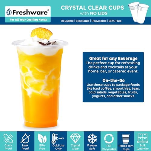 Freshware Clear Plastic Cups [100 Pack - 24 oz] Disposable Cups for Iced Coffee, Smoothie, Milkshake, Cold Drinks