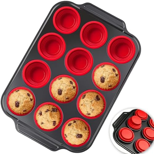 Silicone Muffin Pans for Baking with Metal Frame - 12 Cups Cupcake Pans