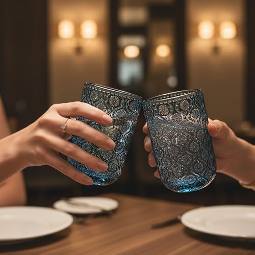Set of 8 Vintage Embossed Glassware,4 Highball Glasses 14oz & 4 Rocks Drinking Glasses 9oz, Blue, Art Deco, for Wine, Water, Cocktail, Juice, Whiskey, Gift