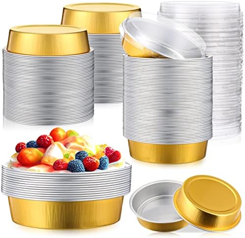 Yinder 120 Pcs 8 oz Disposable Creme Brulee Ramekins with Lids, 4 Inch Mini Pie Tins Aluminum Foil Pie Tart Cake Baking Pans Individual Round Containers Oven Safe (Gold)