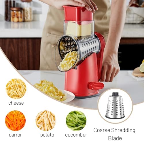 Weltonhm 4 in 1 Large Rotary Cheese Grater Hand Crank (red, 3 Graters)