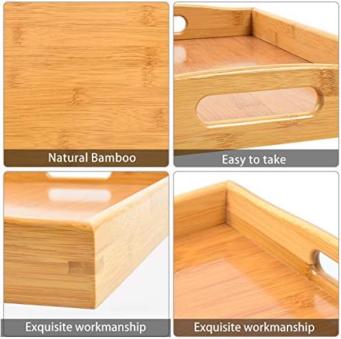 3 Pack Bamboo Serving Trays with Handles, Wooden Food Trays (Beige)