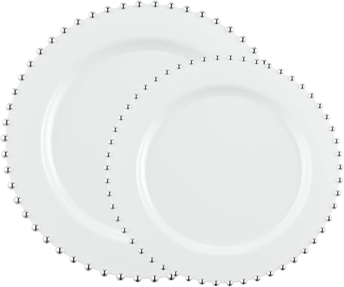 PLASTICPRO 32 Piece Combo Plastic Dinner Plates Disposable Plastic Fancy Heavy Duty Party Dishes 7 inch and 10 inch, White and Silver Beaded