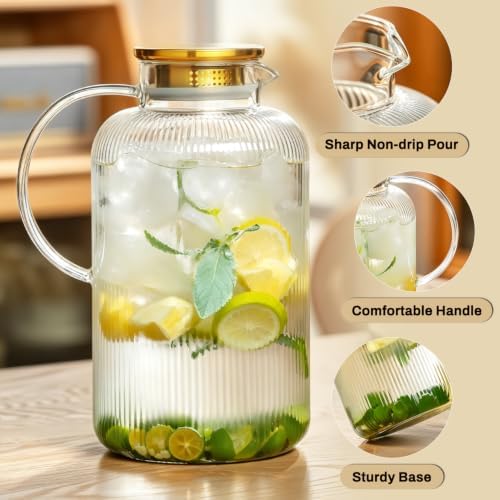 Buaic Glass Pitcher with Lid,128 oz Classic Vertical Stripes Water Pitcher