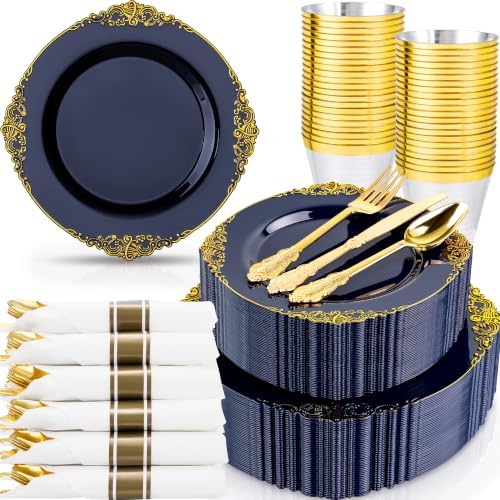Nervure 350Pcs Blue Plastic Plates, Disposable Dinnerware Set for 50 Guests