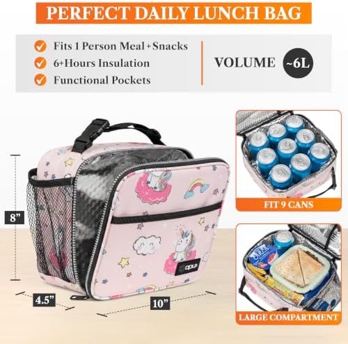 opux Insulated Lunch Bag for Kids, Reusable Lunch Box for School, Unicorn
