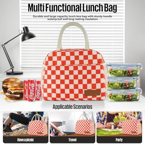 douyadady Lunch Bag Women/Men Lunch Box Women/Men (Red+Beige Checkerboard)