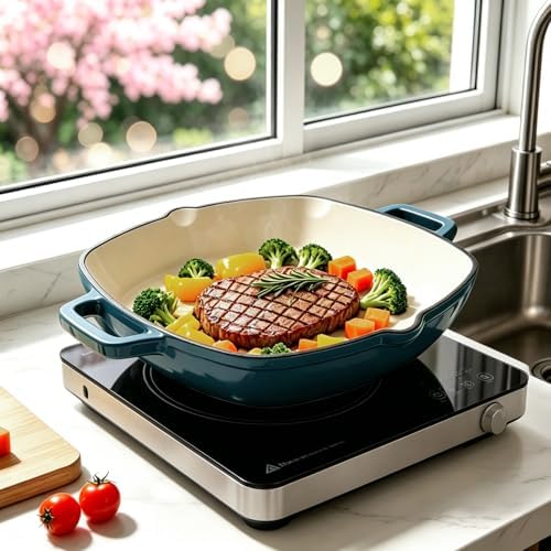 Enameled Cast Iron Square Grill Pan (Peacock Blue, 10 inch)