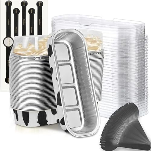 Findful Mini Loaf Baking Pans with Lids and Spoons (50 Pack, 6.8oz) Rectangle Aluminum Foil Baking Pans Tins Containers - Cupcake Containers Wrappers Cheesecake Creme Brulee Ramekins