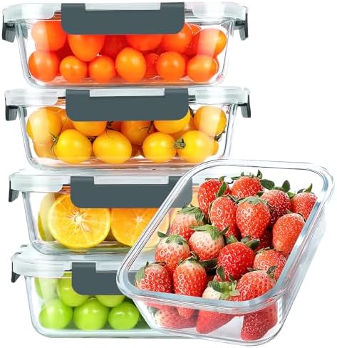 KOMUEE 30 oz 5 Pack Glass Meal Prep Containers with Lids, Gray