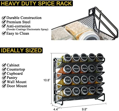 SpaceAid Spice Rack Organizer with 20 Spice Jars, 386 Spice Labels, Chalk Marker and Funnel Set for Cabinet, Countertop, Pantry, Cupboard or Door & Wall Mount - 20 Jars, 9.8" W × 10.8“H, Black