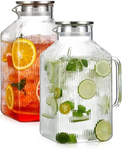2 Pack 1 Gallon thickened Square Glass Pitcher with Lid, Classic Stripes Water Pitchers for Fridge, Borosilicate Glass Carafe for Hot/Cold Brew Drink, Extra Large Jug with Handle for Iced Tea, Coffee