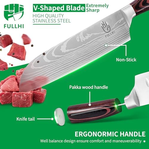 FULLHI 15pcs Japanese Knife Set with Magnetic Knife Block Holder, Japan Stainless Steel Blades, Ergonomic Handles for Professional and Home Cooking（Coffee wood, Magnetic Block Knife Set)
