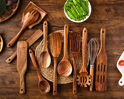 Kitchen Utensils Set, NAYAHOSE 12 Pcs Teak Wooden Cooking Spoons Spatula Spurtles Kit with Spoon Rest Whisk, Non-stick Natural Kitchen Tools