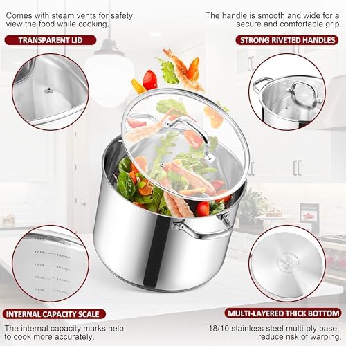 Herogo 20-Quart 18/10 Stainless Steel Stock Pot with Lid, Large Heavy Duty Soup Pot Compatible with Electric, Gas, Induction and Gas Cooktops, Non-Toxic & Corrosion Resistant, Dishwasher Safe