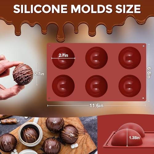 6 Holes Silicone Hot Chocolate Bomb Molds, 2 Packs Large Semi Sphere Mold 2.7" Half Sphere Silicone Baking Molds for Making Chocolate, Cake, Jelly, Dome Mousse