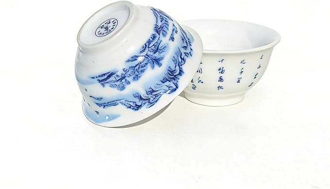 Liang baobao Chinese Traditional Tea Tasting Cup Set of 4, 2oz Bule and White Porcelain Mini Cups for Gongfu Tea Ceremony (landscape)