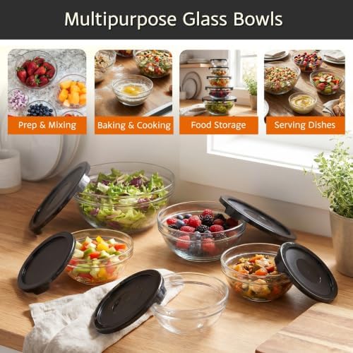 Glass Mixing Bowls with Lids Set - 10-Piece-Set with Multiple Bowl Sizes for Kitchen Storage, Meal Prep, Mixing, and Serving (Black)