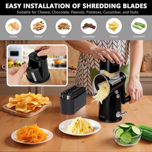 Rotary Cheese Grater with Handle, 5-Blade Cheese Shredder, BPA-Free (Black)