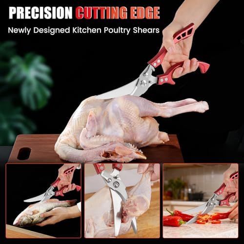Heavy Duty Kitchen Shears by ANDONG, Kitchen Scissors,Stainless Steel Poultry Shears Heavy Duty Professional, Red