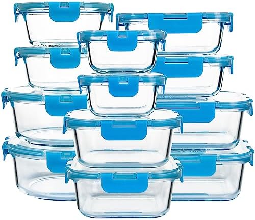 FAWLES 12 Pack Glass Meal Prep Containers with Airtight Lids, Leak-Proof Food Storage Containers, Dishwasher/Microwave/Oven/Freezer Safe Glass Containers for Lunch, Leftovers, to Go (Blue)