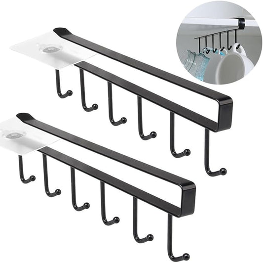 2 Pack Storage Mug Hooks Rack Under Cabinet Each with Fixed Sticker, 6 Hooks Cup Holder Hanger, Ties Belts Scarf Hanging Hook Rack, Mug Hook Hanger Under Shelf Without Drilling Kitchen Utensil Hanger