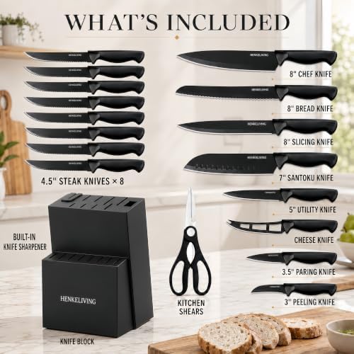 19-Piece Black Kitchen Knife Block Set with Built-in Sharpener