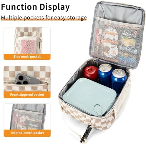 Lunch Box for Women Men Adult Insulated Lunch Bag Women Men Small Reusable Lunchbox for Work Picnic Travel (Beige-Brown Plaid)