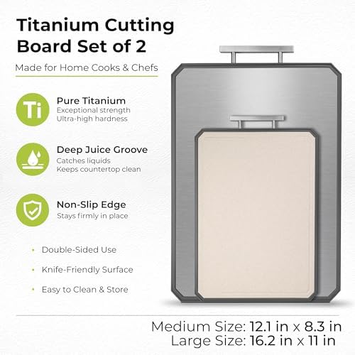 Freshware Titanium Cutting Board for Kitchen, Set of 2, Double Sided Cutting Boards, Pure Titanium/PP, Chopping Board with Juice Grooves, Dishwasher Safe, Medium 12.1" by 8.3" and Large 16.2" by 11"
