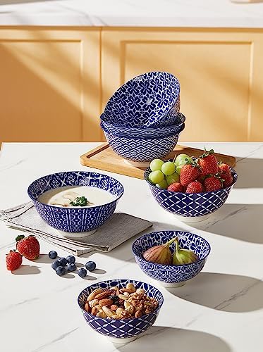 Metahom Cereal Bowls Set of 6, Ceramic Soup Bowls, 23 Oz, Blue and White