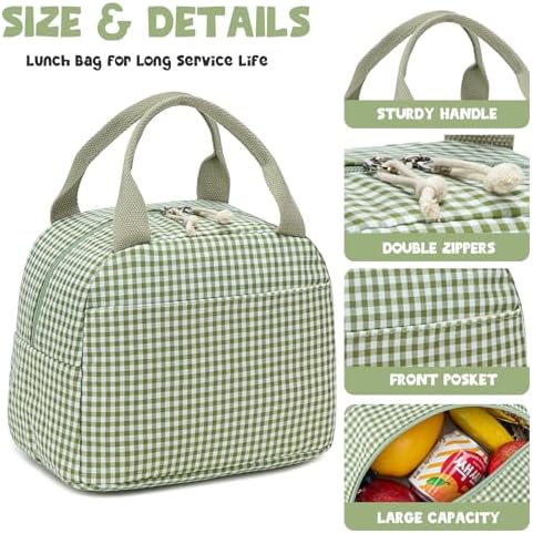Bluboon Lunch Box for Women Cute Lunch Bag Reusable Insulated Lunch Bags Large Capacity Lunchbox Cooler for Work Picnic or Travel Gifts (Sage Green White grid, 10 x 7.5 x 8 inches)