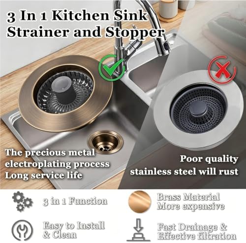 BAOLSLS Kitchen Sink Drain Strainer, 3 in 1 Pop up Kitchen Sink Stopper