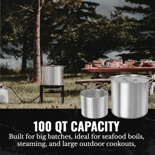 GasOne 100Qt Aluminum Stock Pot with Strainer and Lid – Large Deep Fryer Pot with Basket for Boiling, Frying Turkey, Seafood, Crawfish – Food-Grade Aluminum Large Cooking Pot with Sturdy Handles